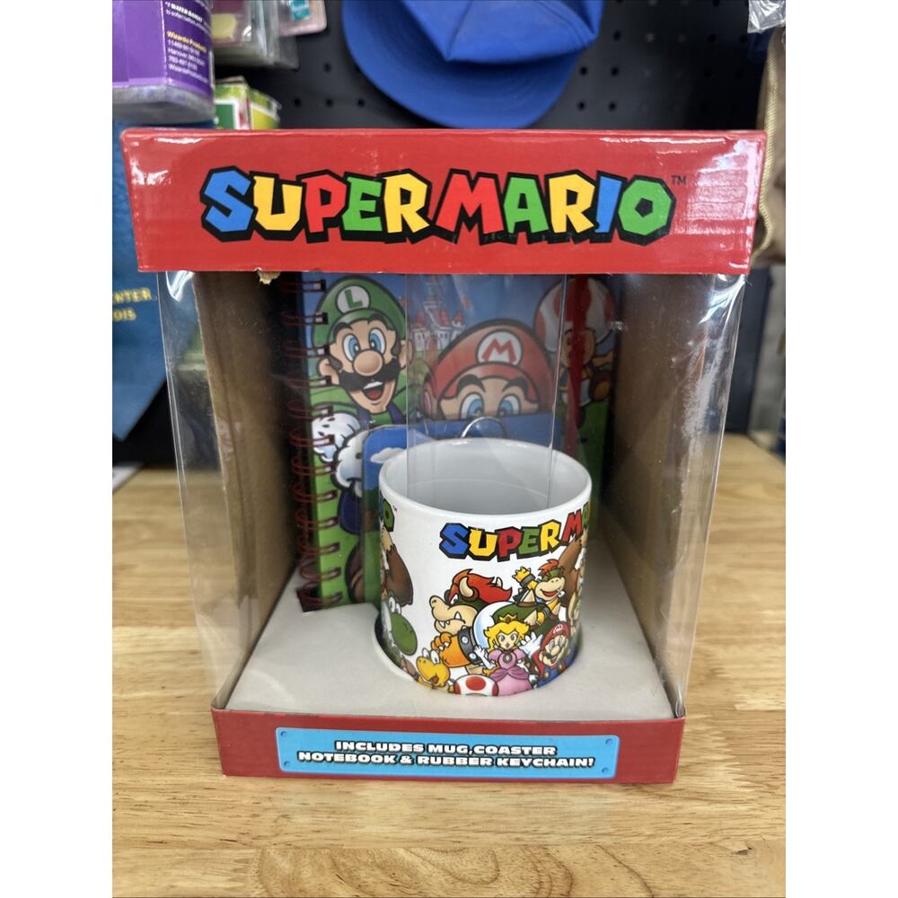 Super Mario Bumper Gift Set Mug Coaster Notebook Rubber Keychain New Nintendo